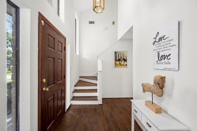 entrance foyer featuring high vaulted ceiling and dark wood-type flooring