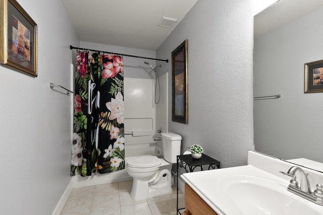 bathroom featuring visible vents, toilet, tile patterned flooring, shower / bath combination with curtain, and vanity