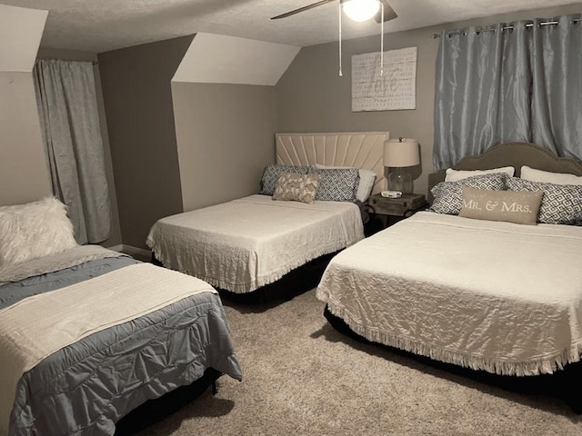 carpeted bedroom featuring ceiling fan and lofted ceiling