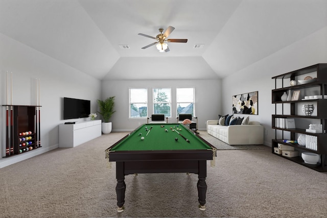 recreation room with carpet flooring, ceiling fan, pool table, and vaulted ceiling