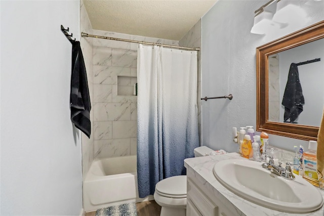 full bathroom with vanity, toilet, a textured ceiling, shower / tub combo with curtain, and wood-type flooring