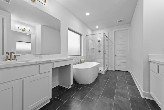 bathroom featuring tile patterned flooring, vanity, and independent shower and bath