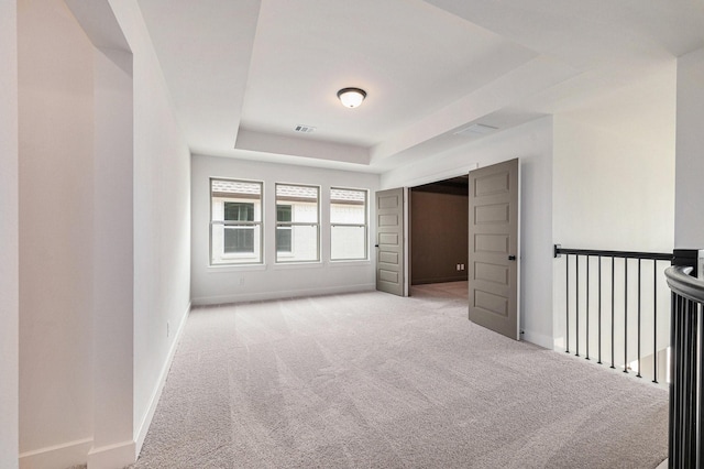 spare room with light colored carpet and a raised ceiling