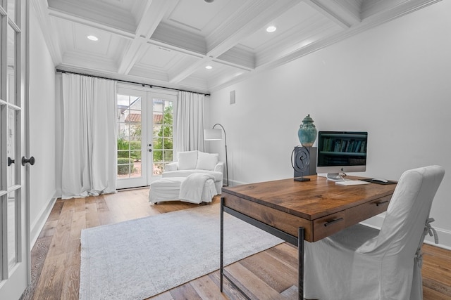 office area with french doors, light hardwood / wood-style flooring, coffered ceiling, and beam ceiling