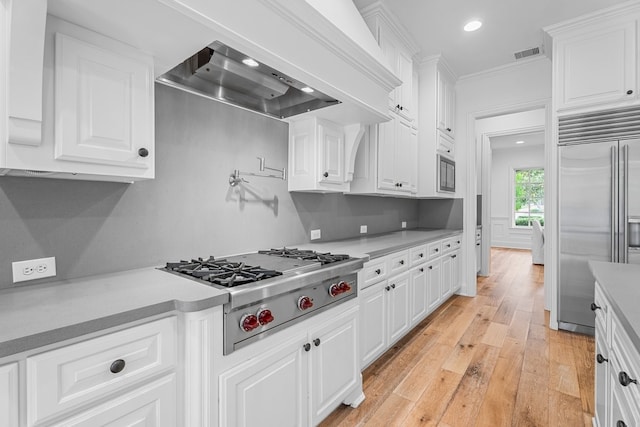 kitchen with white cabinetry, premium range hood, light hardwood / wood-style floors, appliances with stainless steel finishes, and ornamental molding