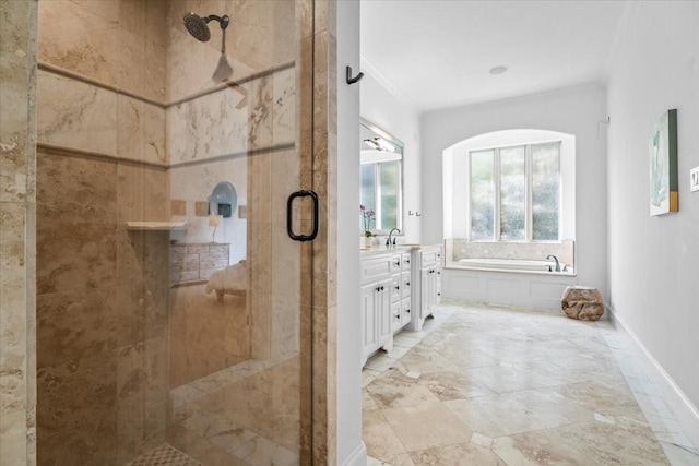 bathroom featuring vanity, separate shower and tub, and ornamental molding