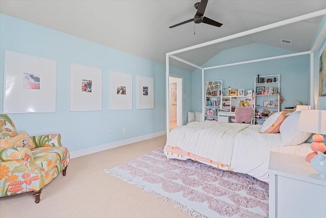 bedroom featuring carpet flooring, ceiling fan, and lofted ceiling