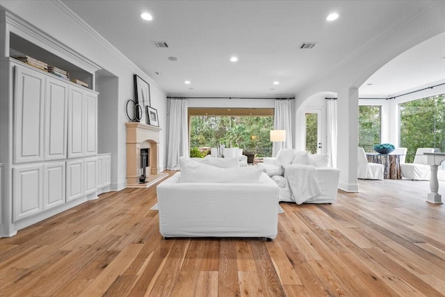 living room featuring light hardwood / wood-style flooring, a healthy amount of sunlight, and crown molding