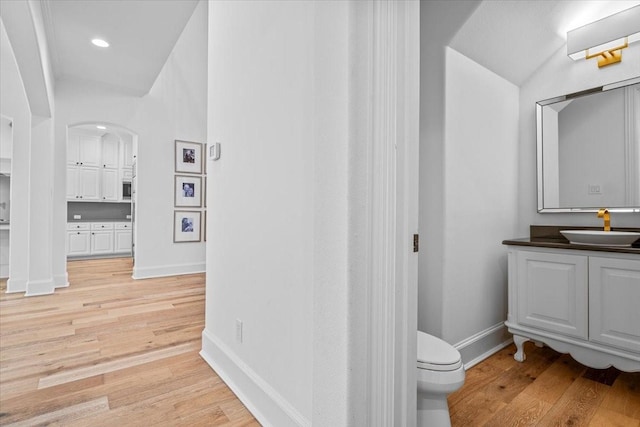 bathroom with hardwood / wood-style floors, vanity, and toilet