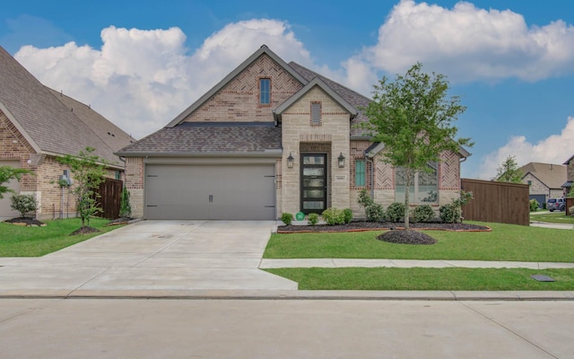 view of front of house with a garage and a front lawn