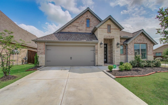 view of front of house with a front lawn and a garage