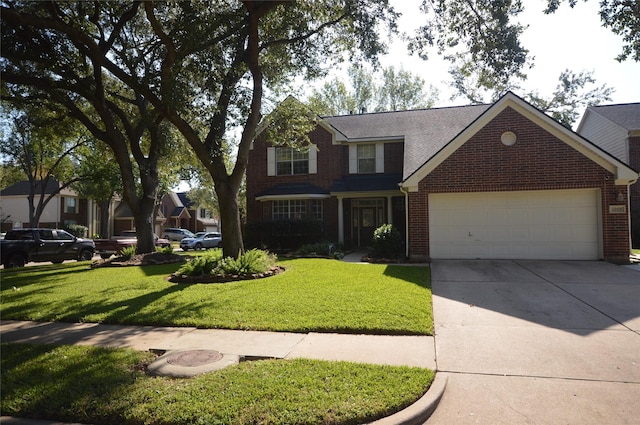 view of front of property featuring a garage and a front lawn