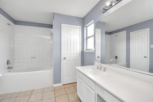 bathroom with tile patterned flooring, vanity, and tiled shower / bath