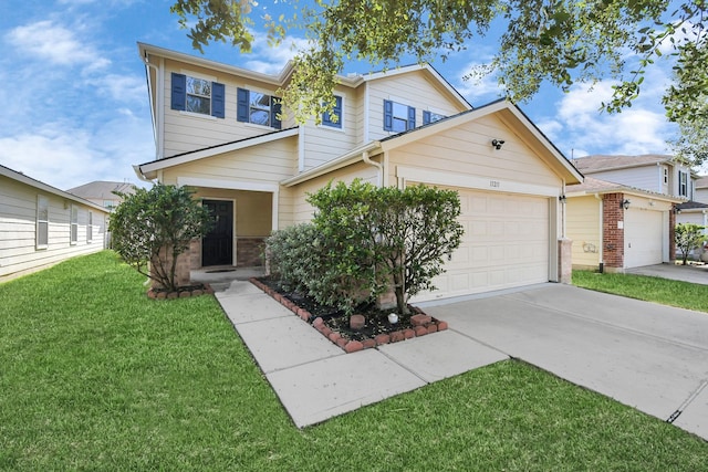 view of front facade with a front lawn and a garage