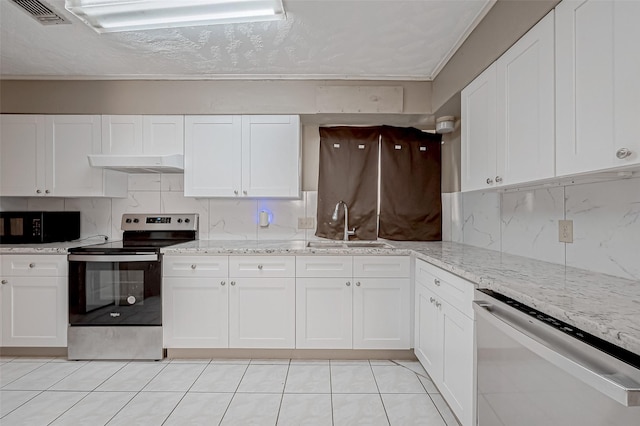 kitchen featuring appliances with stainless steel finishes, sink, decorative backsplash, and white cabinets