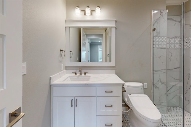 bathroom featuring walk in shower, vanity, and toilet