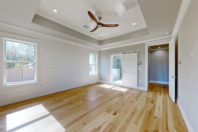 empty room with a raised ceiling, a wealth of natural light, ceiling fan, and light wood-type flooring