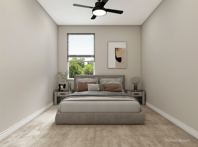 bedroom featuring ceiling fan and light carpet