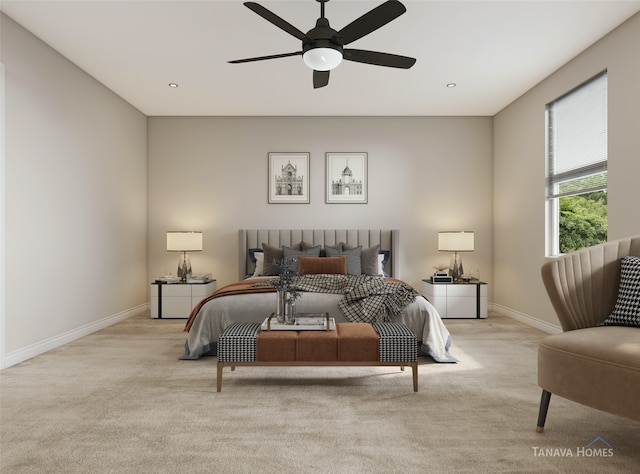 bedroom with light carpet and ceiling fan