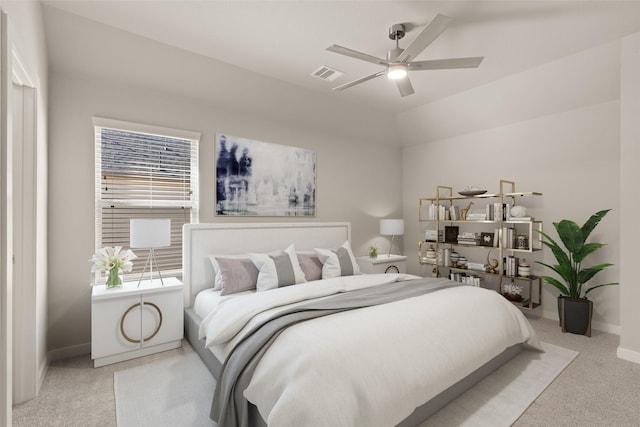 bedroom featuring ceiling fan and light colored carpet
