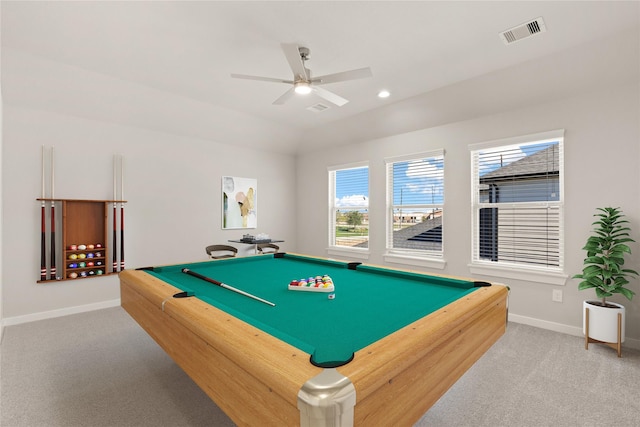 playroom featuring ceiling fan, light carpet, and billiards