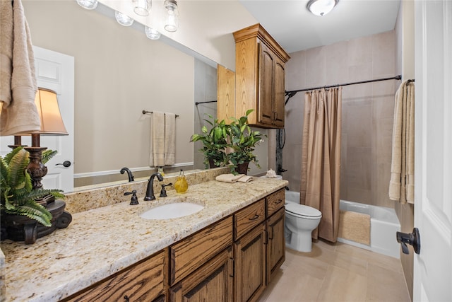 full bathroom featuring vanity, toilet, and shower / bathtub combination with curtain