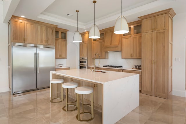 kitchen featuring an island with sink, appliances with stainless steel finishes, a tray ceiling, ornamental molding, and sink