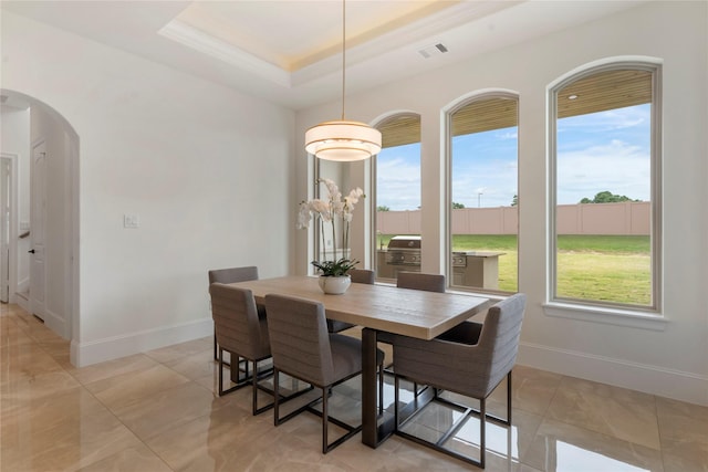 dining area featuring a raised ceiling