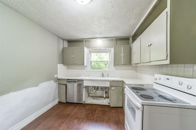 kitchen with white range with electric stovetop, dark hardwood / wood-style flooring, dishwasher, and backsplash