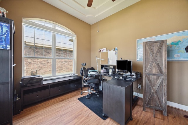 office area featuring ceiling fan, a barn door, and light hardwood / wood-style flooring