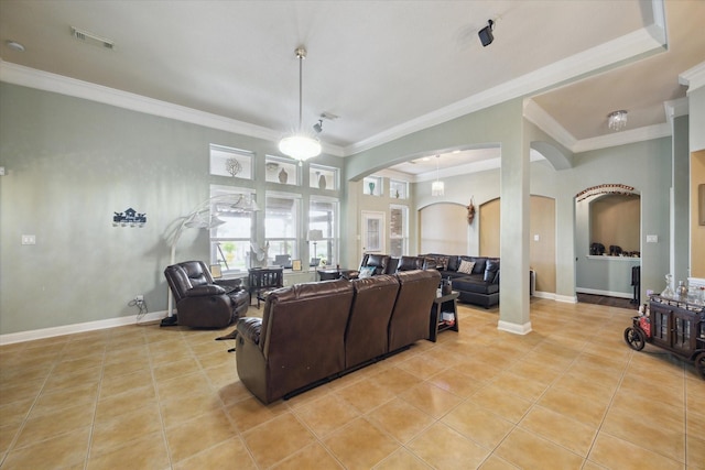 tiled living room featuring crown molding