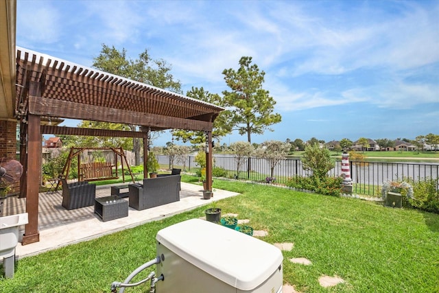 view of yard with an outdoor living space, a patio area, a water view, and a pergola