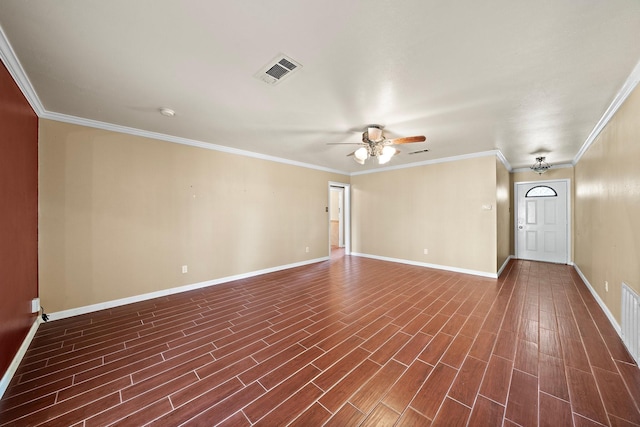 unfurnished living room with ceiling fan, dark hardwood / wood-style flooring, and ornamental molding