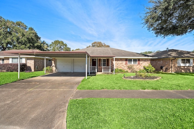 ranch-style home featuring a porch, a garage, and a front lawn