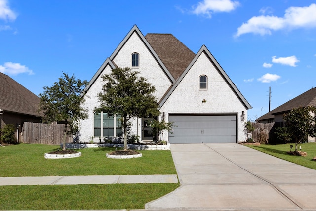 view of front of property with a front lawn and a garage