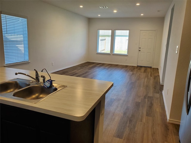 kitchen featuring dark hardwood / wood-style flooring, a kitchen island with sink, and sink