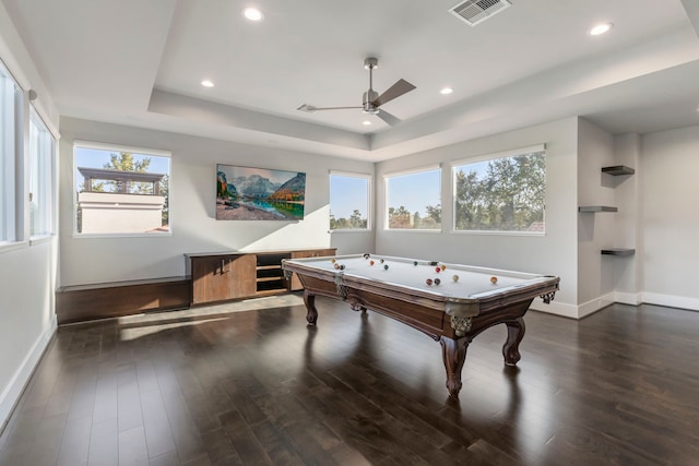 playroom with ceiling fan, plenty of natural light, dark hardwood / wood-style floors, and billiards