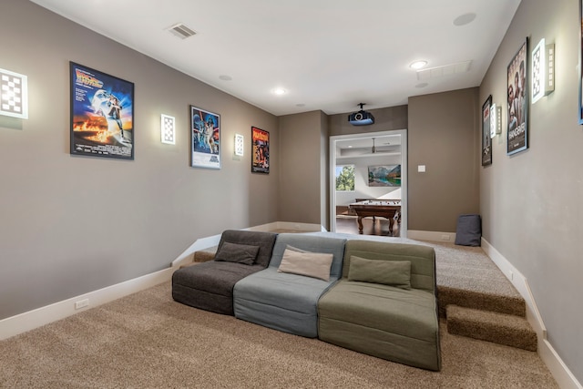 carpeted home theater featuring pool table