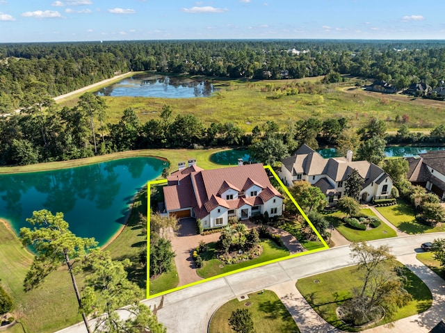 bird's eye view with a water view