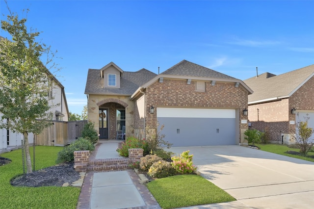 view of front of house with a front yard and a garage