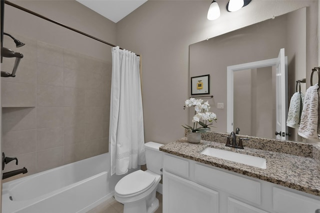 full bathroom with tile patterned floors, vanity, toilet, and shower / tub combo with curtain