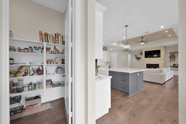 kitchen featuring gray cabinetry, a stone fireplace, pendant lighting, and hardwood / wood-style flooring