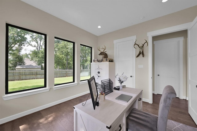 office area with dark hardwood / wood-style floors