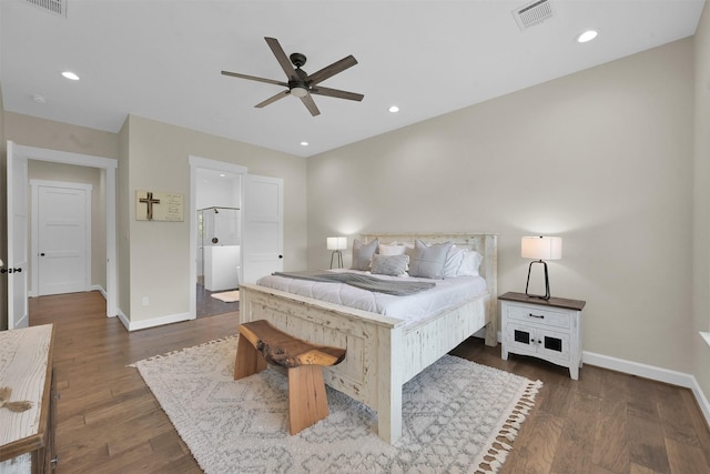 bedroom featuring dark hardwood / wood-style floors and ceiling fan