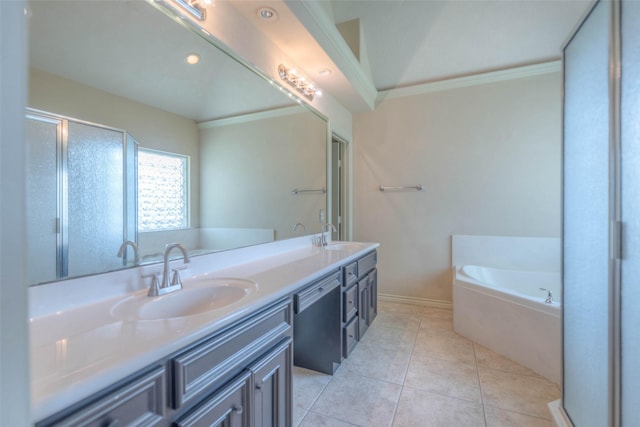 bathroom featuring vanity, ornamental molding, tile patterned floors, and shower with separate bathtub