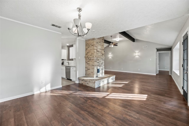 unfurnished living room featuring vaulted ceiling with beams, dark hardwood / wood-style floors, ceiling fan with notable chandelier, and a textured ceiling