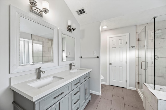 bathroom with vanity, a shower with shower door, vaulted ceiling, and toilet