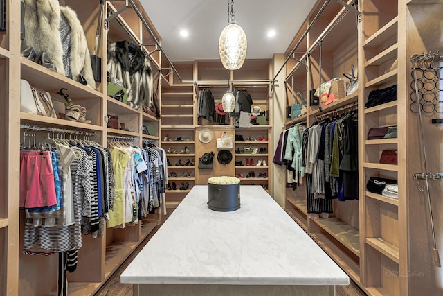 spacious closet with dark hardwood / wood-style flooring