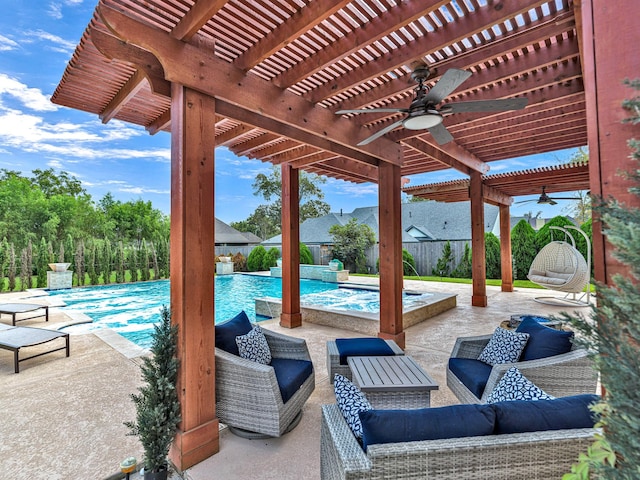 view of patio / terrace featuring a pergola, outdoor lounge area, and ceiling fan