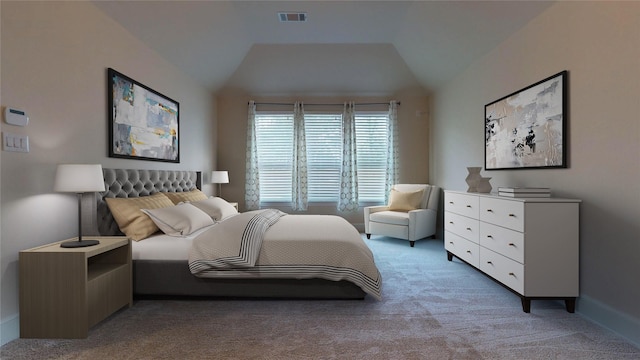 bedroom featuring light carpet and lofted ceiling